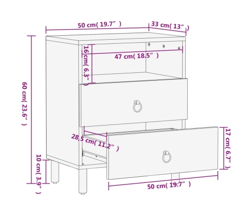 Mesita de noche madera maciza de mango 50x33x60 cm