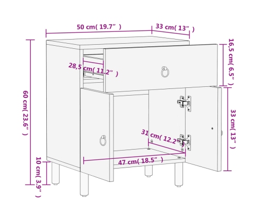 Mesita de noche madera maciza de mango 50x33x60 cm