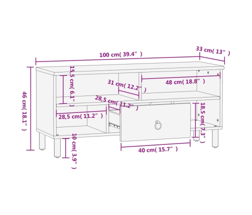 Mueble de TV madera maciza de mango 100x33x46 cm