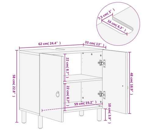 Armario de lavabo para baño madera maciza de acacia 62x33x58 cm