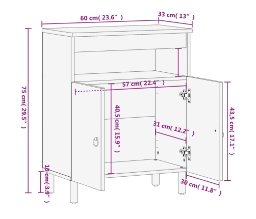 Armario auxiliar madera maciza de mango 60x33x75 cm
