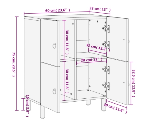 Armario auxiliar madera maciza de mango 60x33x75 cm