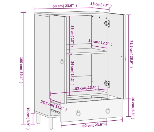 Aparador alto madera maciza de mango 60x33x100 cm