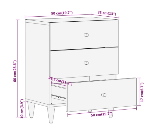 Mesita de noche madera maciza de mango 50x33x60 cm