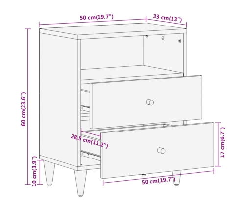 Mesita de noche madera maciza de mango 50x33x60 cm