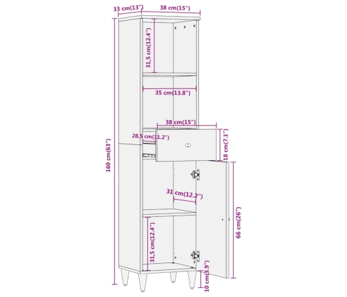 Mueble de baño madera maciza de mango 38x33x160 cm