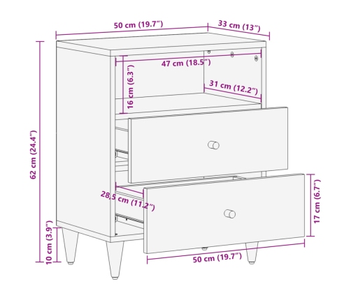 Mesita de noche madera maciza de mango 50x33x62 cm