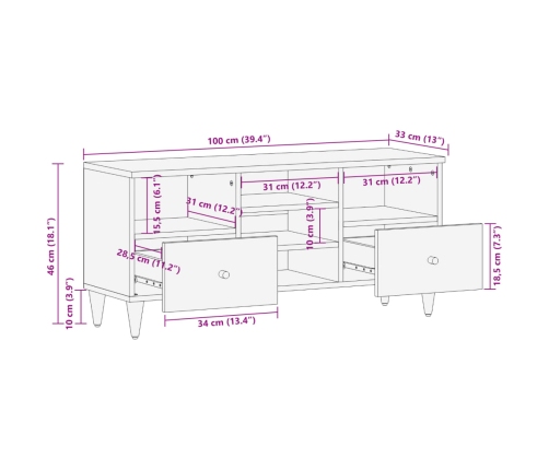 Mueble de TV madera maciza de mango 100x33x46 cm