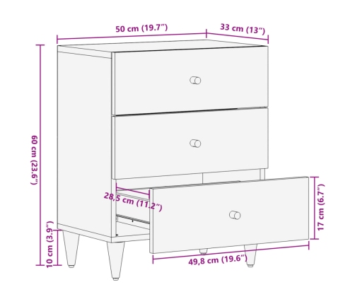 Mesita de noche madera maciza de mango 50x33x60 cm