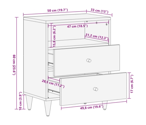 Mesita de noche madera maciza de mango 50x33x60 cm