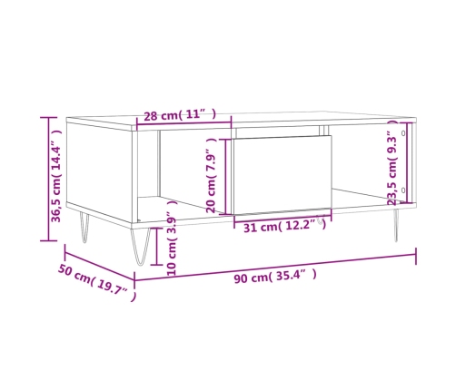 Mesa de centro madera contrachapada marrón roble 90x50x36,5 cm