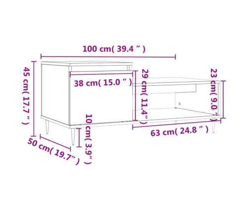 Mesa de centro madera contrachapada blanco brillo 100x50x45 cm