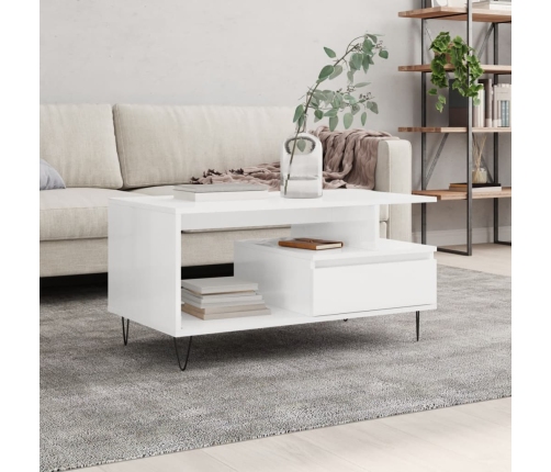 vidaXL Mesa de centro madera contrachapada blanco brillo 90x49x45 cm