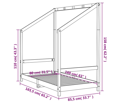 Estructura de cama para niños madera maciza de pino 80x160 cm