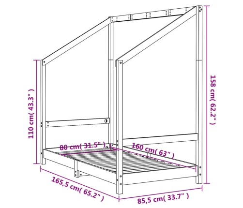 Estructura de cama para niños madera de pino negro 80x160 cm