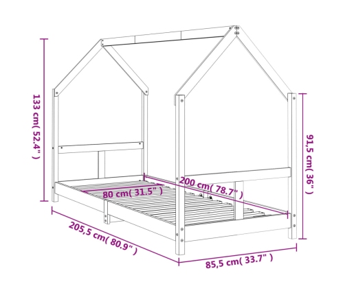 Estructura de cama para niños madera maciza de pino 80x200 cm