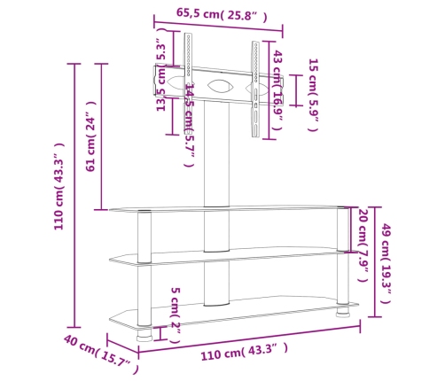 Mueble TV esquina 3 niveles para 32-70 pulgadas negro plateado