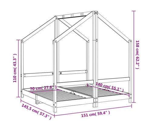 Estructura de cama deniños madera maciza de pino 2x(70x140) cm