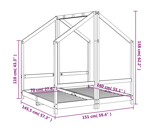 Estructura de cama de niños madera de pino negro 2x(70x140) cm