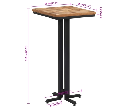 Mesa alta de bar teca reciclada maciza 55x55x110 cm