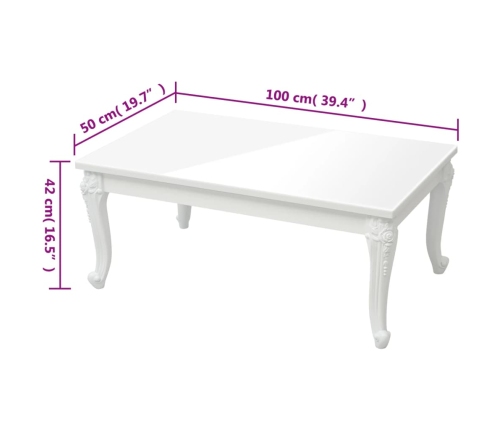 vidaXL Mesa de centro madera de ingeniería blanco brillo 100x50x42 cm