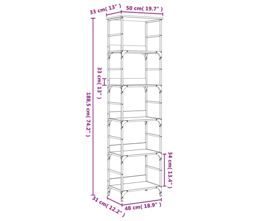 Estantería de madera ingeniería roble ahumado 50x33x188,5 cm