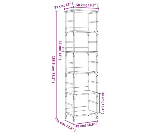 Estantería de madera de ingeniería gris Sonoma 50x33x188,5 cm