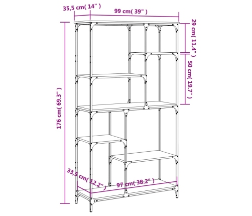 Estantería madera ingeniería acero roble ahumado 99x35,5x176 cm