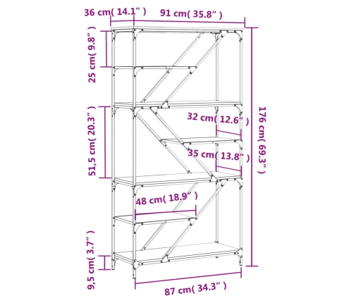 vidaXL Estantería madera de ingeniería acero roble marrón 91x36x176 cm