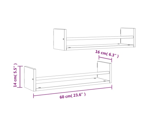 Estantes de pared con barras 2 uds roble Sonoma 60x16x14 cm