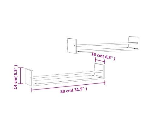 Estantes de pared con barras 2 uds roble Sonoma 80x16x14 cm