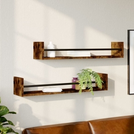 Estantes de pared con barras 2 uds roble ahumado 80x16x14 cm