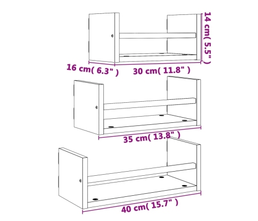 Estantes de pared con barras 3 pzas madera de ingeniería negro