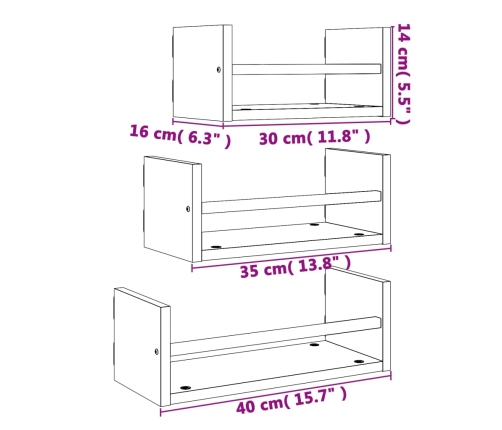 vidaXL Estantes pared con barras 3 pzas madera ingeniería gris Sonoma