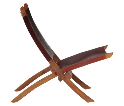 Silla de relax plegable cuero auténtico marrón oscuro