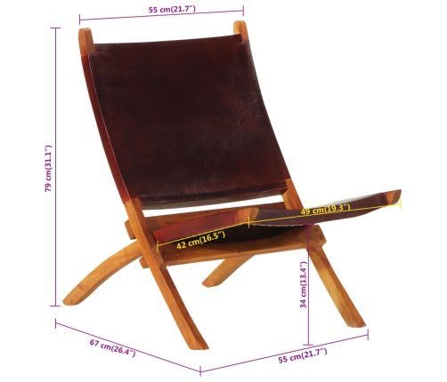 Silla de relax plegable cuero auténtico marrón oscuro