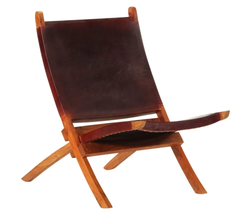 Silla de relax plegable cuero auténtico marrón oscuro