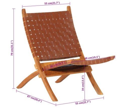 Silla de relax plegable cuero auténtico marrón