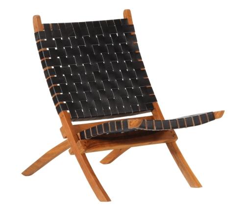 Silla de relax plegable cuero auténtico negro