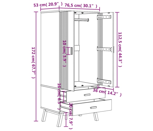 Armario OLDEN madera maciza pino blanco y marrón 76,5x53x172 cm