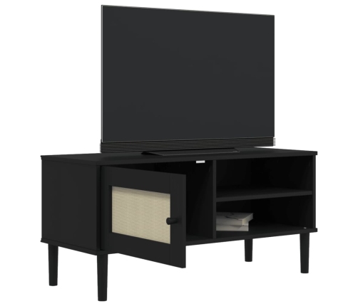 Mueble de TV SENJA aspecto ratán madera pino negro 106x40x49 cm