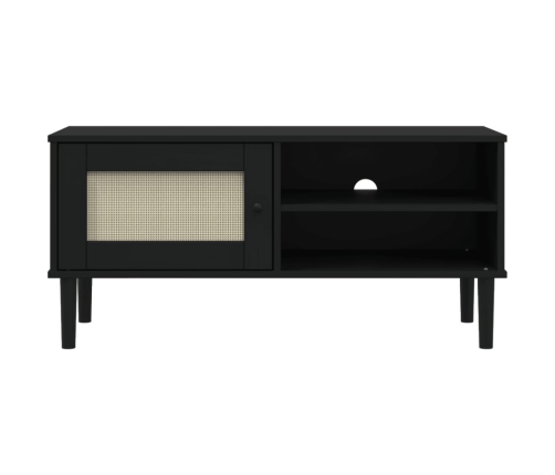 Mueble de TV SENJA aspecto ratán madera pino negro 106x40x49 cm