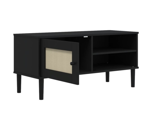 Mueble de TV SENJA aspecto ratán madera pino negro 106x40x49 cm