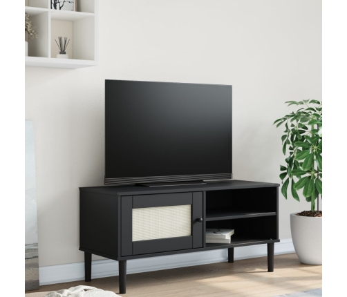 Mueble de TV SENJA aspecto ratán madera pino negro 106x40x49 cm