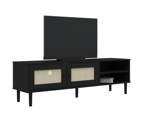 Mueble de TV SENJA aspecto ratán madera pino negro 158x40x49 cm