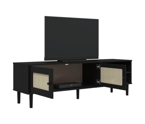 Mueble de TV SENJA aspecto ratán madera pino negro 158x40x49 cm