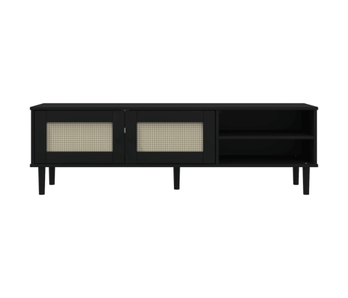 Mueble de TV SENJA aspecto ratán madera pino negro 158x40x49 cm