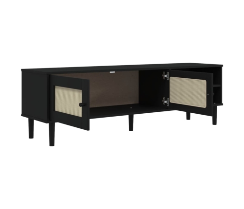 Mueble de TV SENJA aspecto ratán madera pino negro 158x40x49 cm