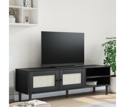 Mueble de TV SENJA aspecto ratán madera pino negro 158x40x49 cm