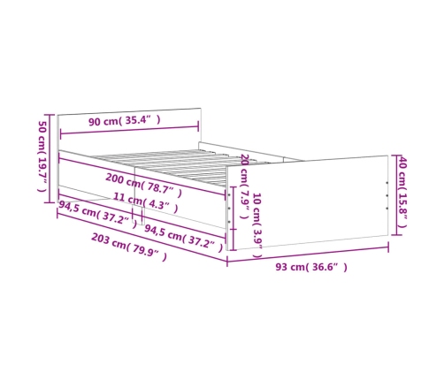 Estructura de cama madera de ingeniería gris Sonoma 90x200 cm